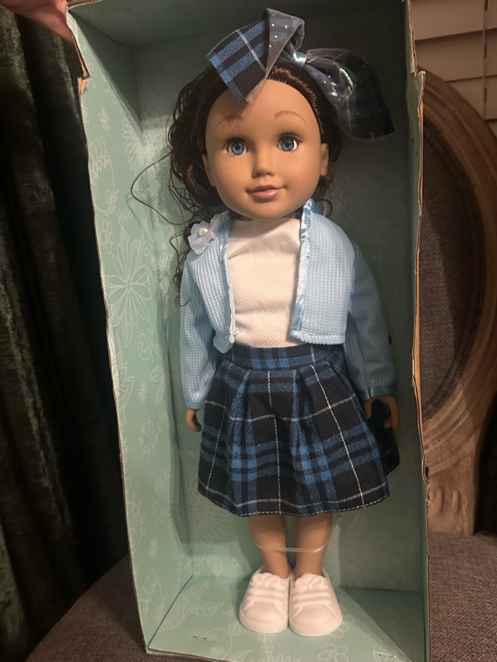 Blue Plaid School-Style Doll Outfit with Cardigan and Headband